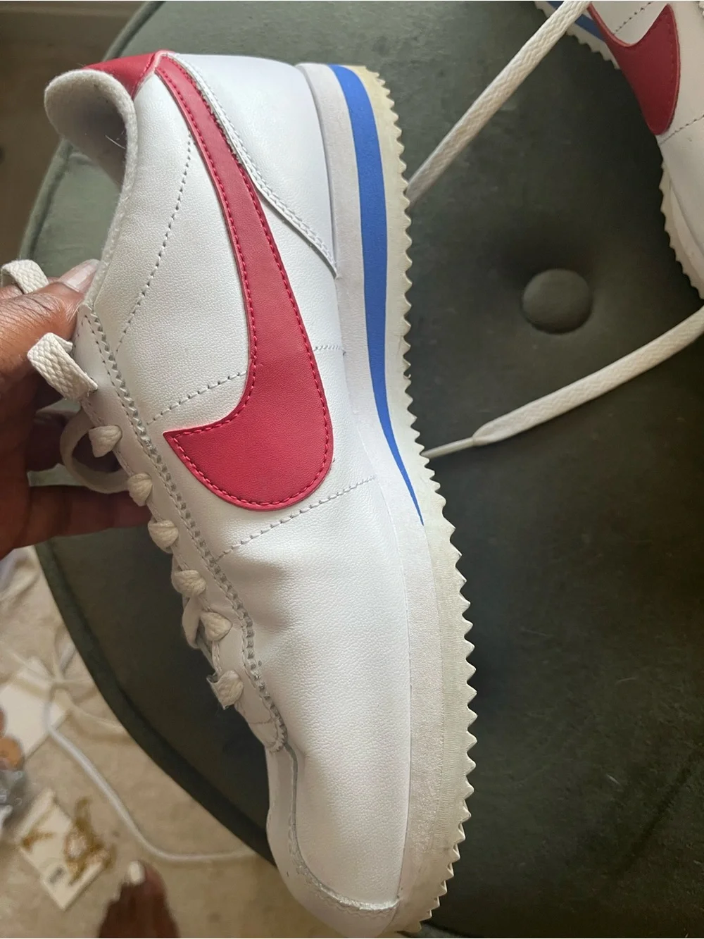 Nike Women's 8.5 White Leather Sneakers with Red Swoosh